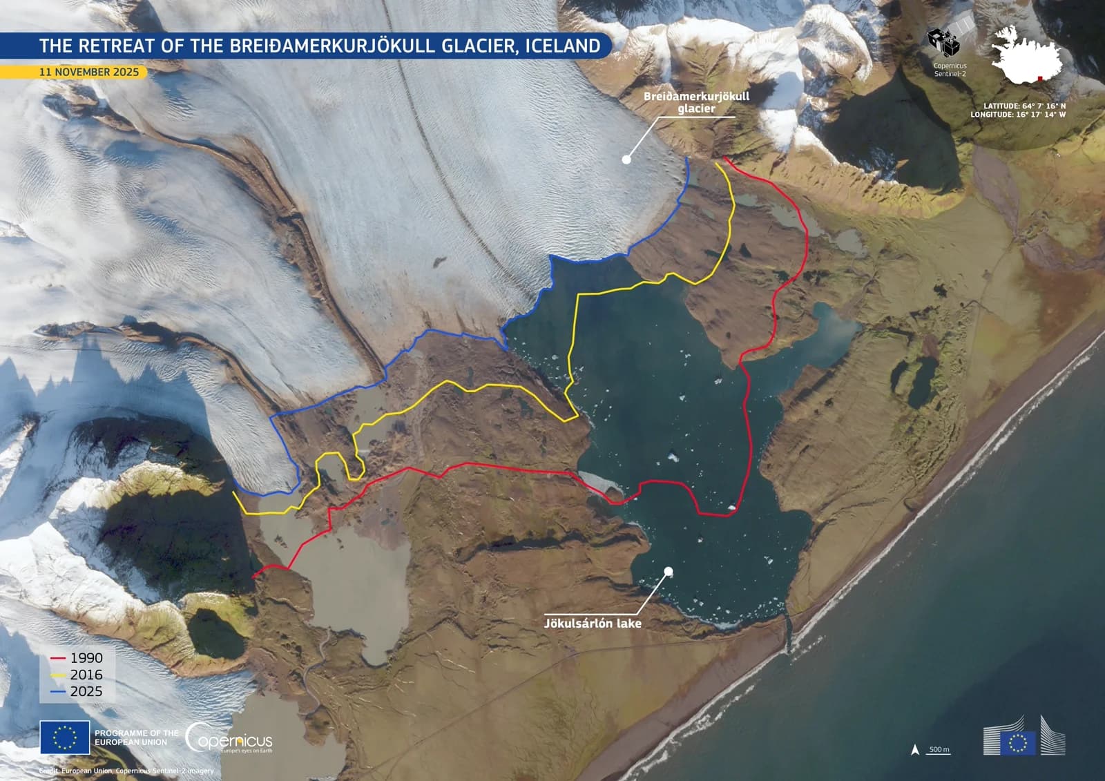 Imagen satelital del retroceso del glaciar Breiðamerkurjökull, Islandia