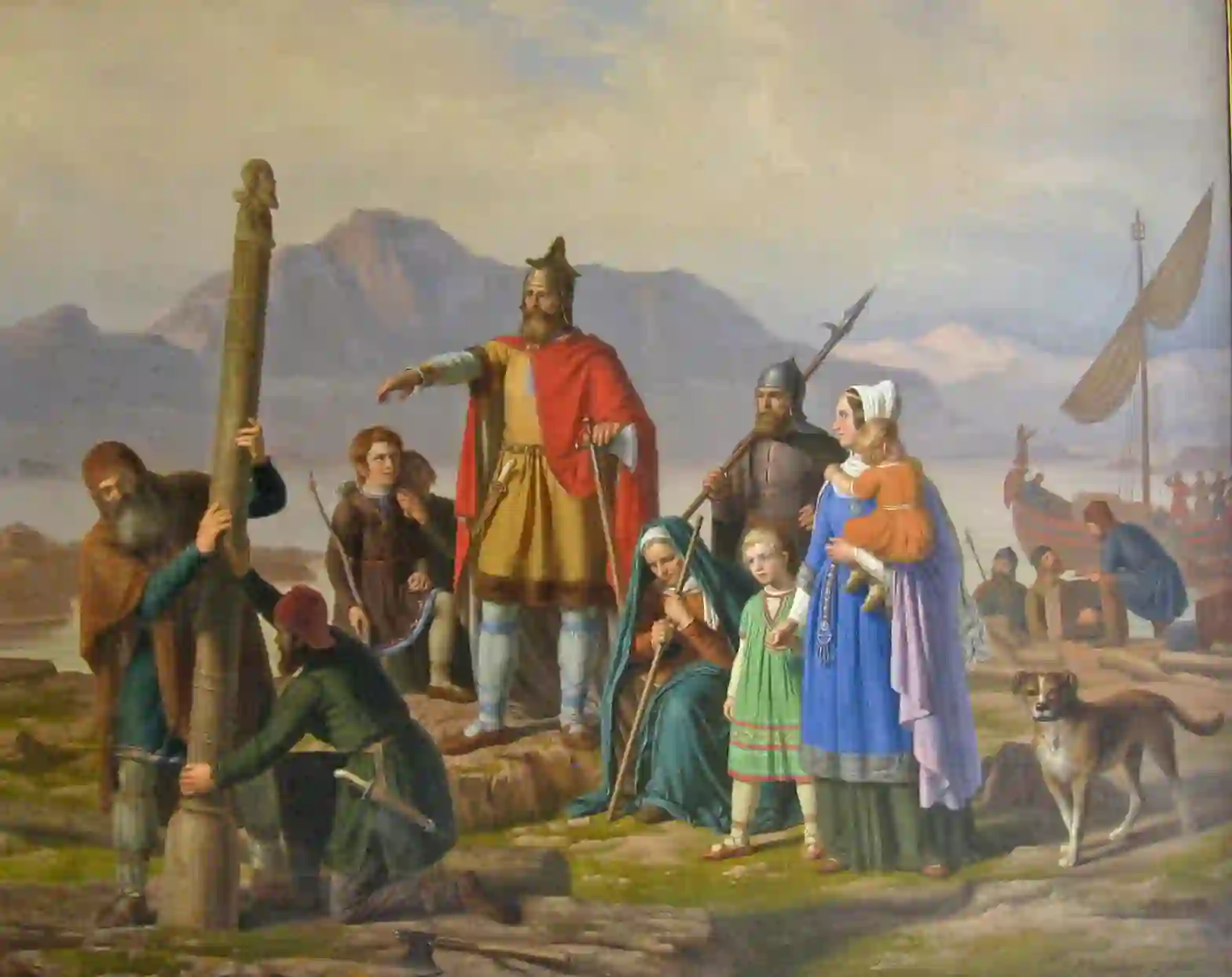 Ingólfur Arnarson, el primer vikingo colono de Islandia, lanzando los pilares de su trono al mar en el año 874