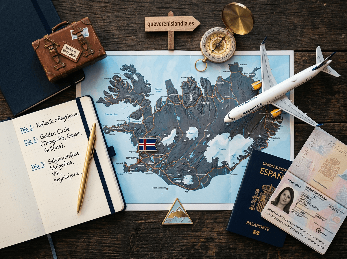 Mapa de planificación de viaje a Islandia — rutas, cascadas, glaciares y auroras boreales