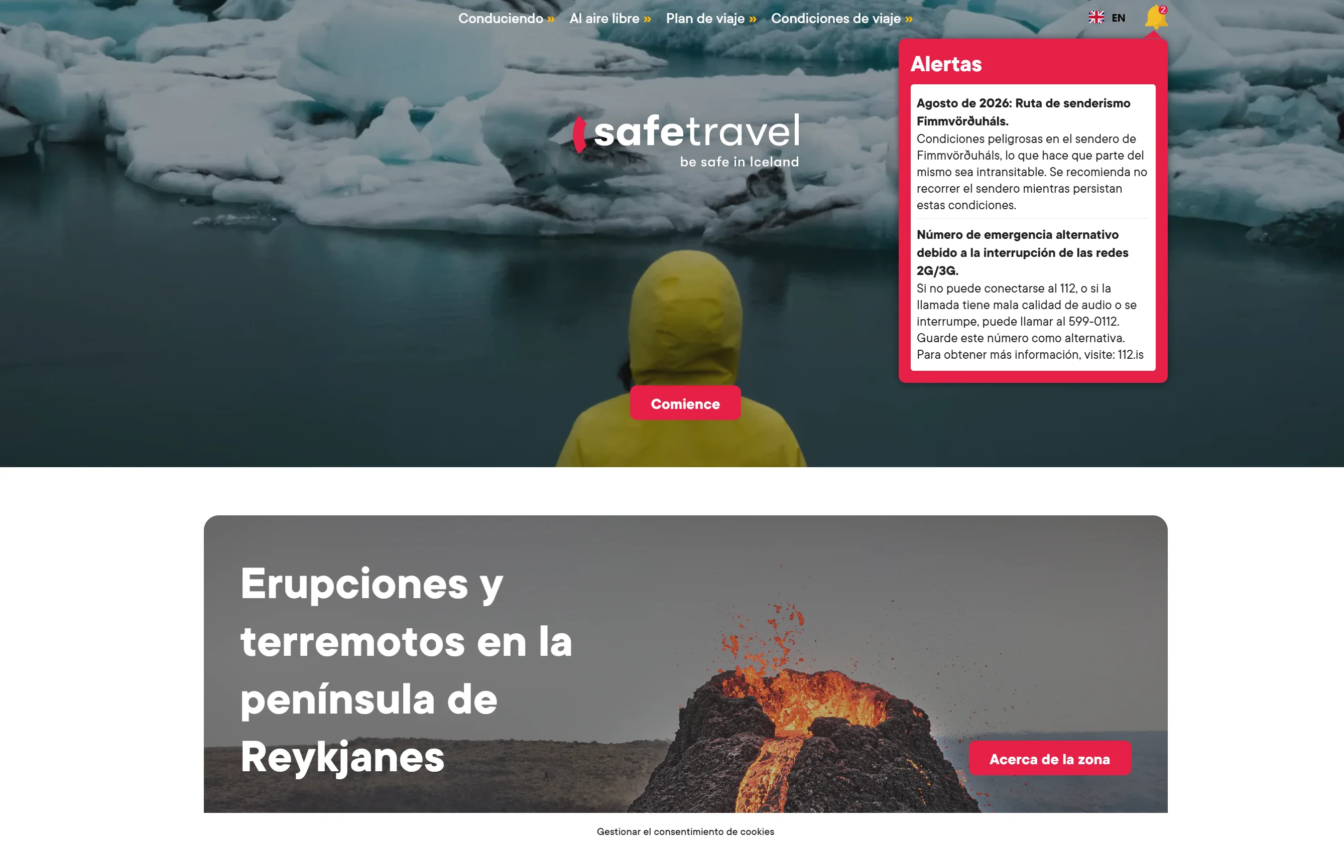 Panel de alertas de safetravel.is con el aviso del sendero Fimmvörðuháls