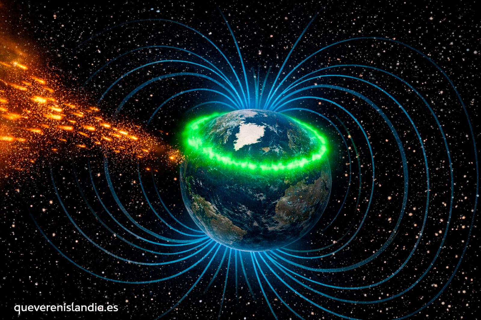 Mapa del óvalo auroral y campo magnético terrestre — auroras boreales en Islandia