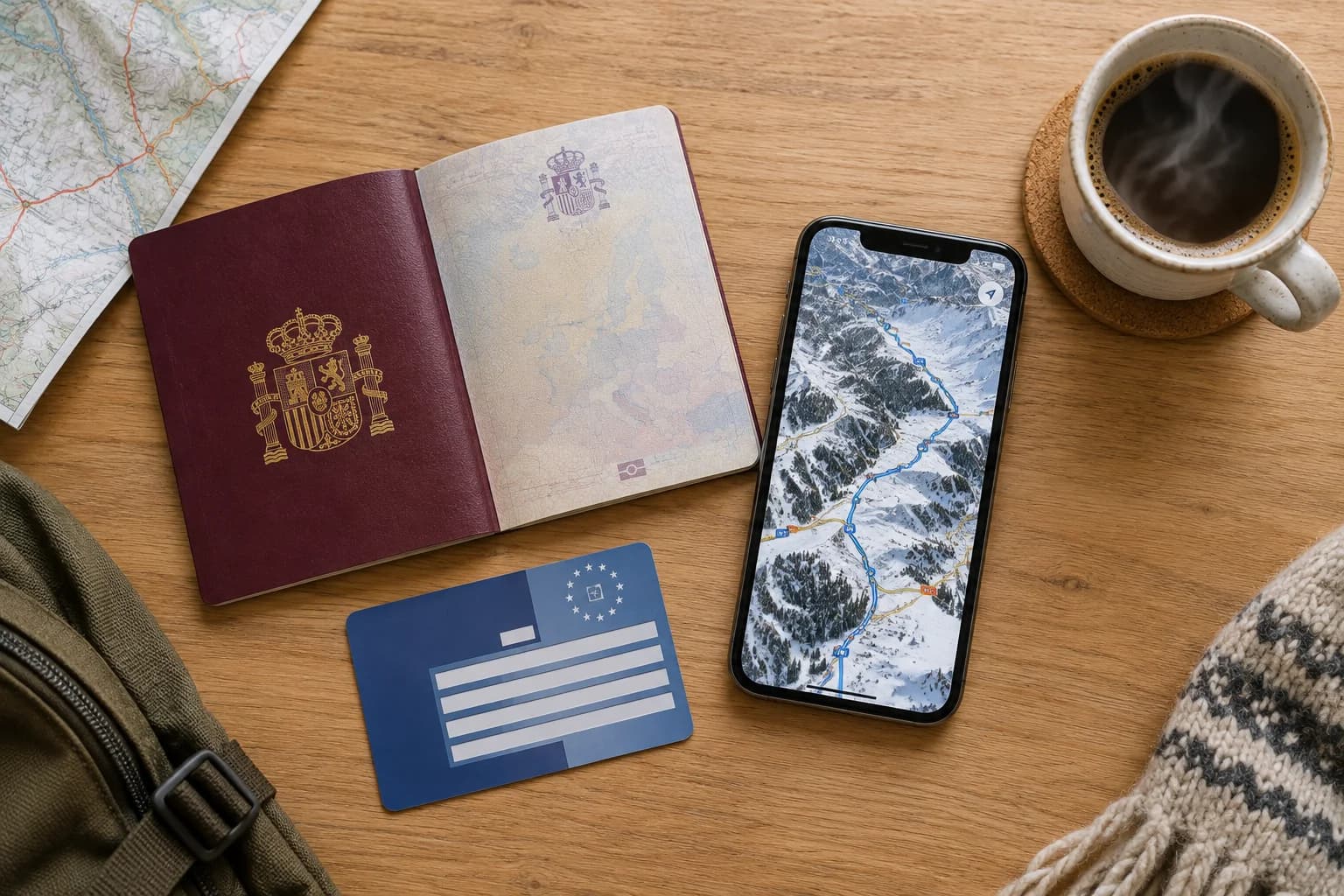 Pasaporte, tarjeta sanitaria europea y móvil con mapa de carreteras, preparativos para Islandia