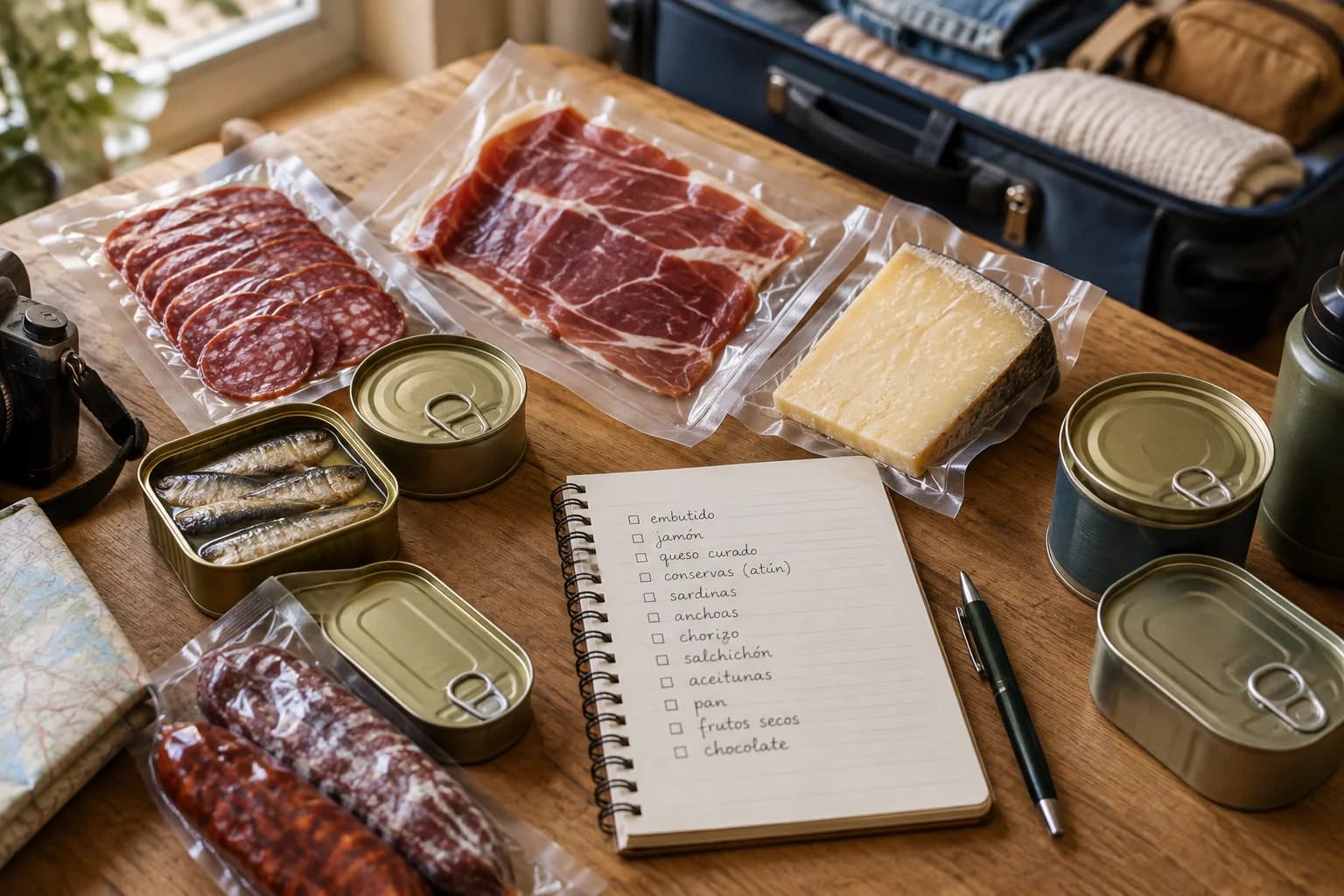 Lista de la compra y comida envasada al vacío para llevar a Islandia