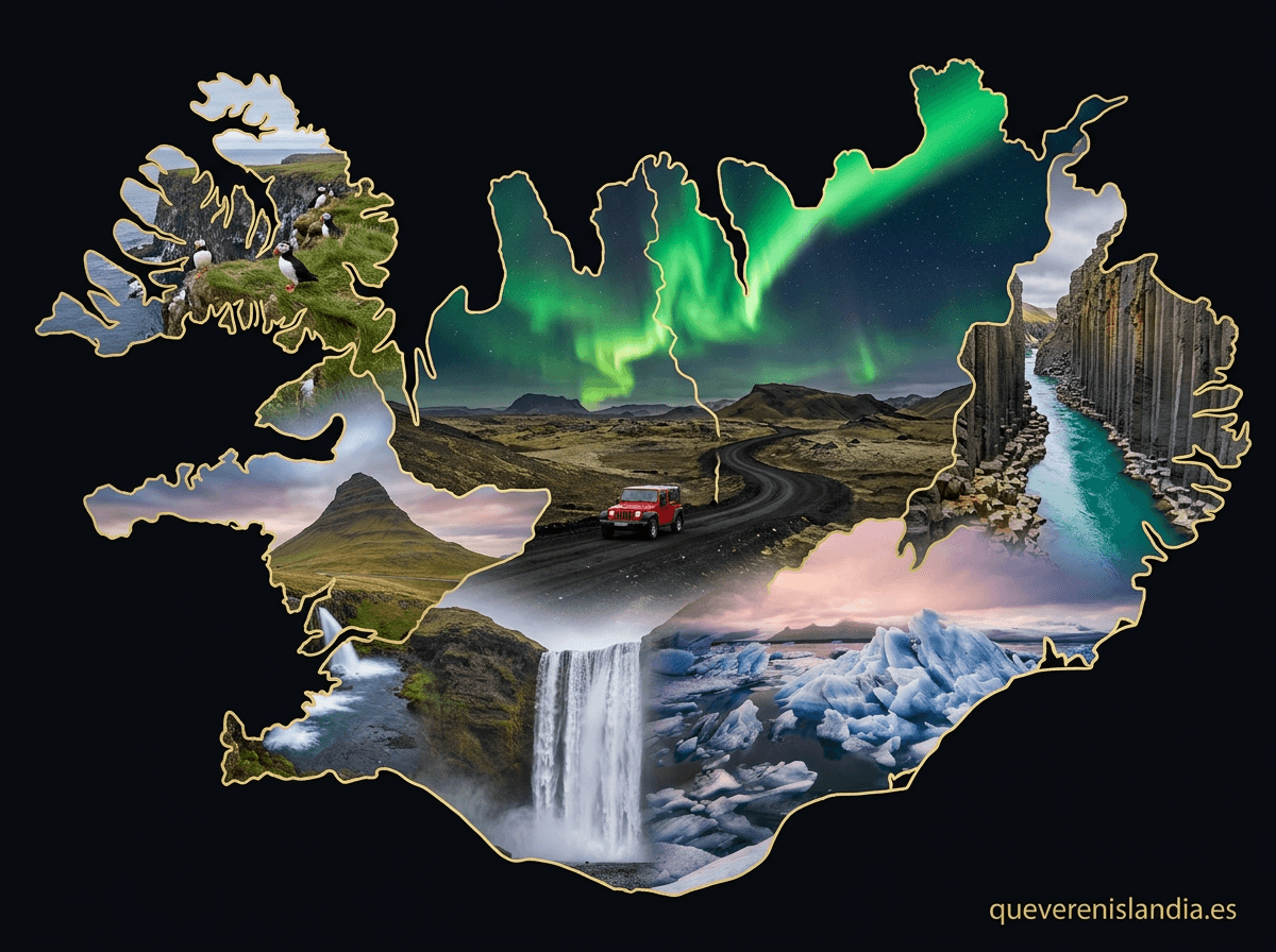 Mapa collage d'Islàndia amb els destins imprescindibles, fotografia pròpia de Manu García