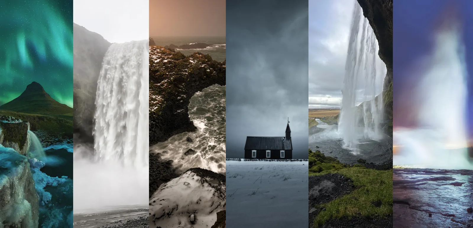 Collage de la ruta de 5 días por Islandia: Kirkjufell con aurora, Skógafoss, costa de Arnarstapi, iglesia negra de Búðir, Seljalandsfoss y paisaje de playa, Islandia