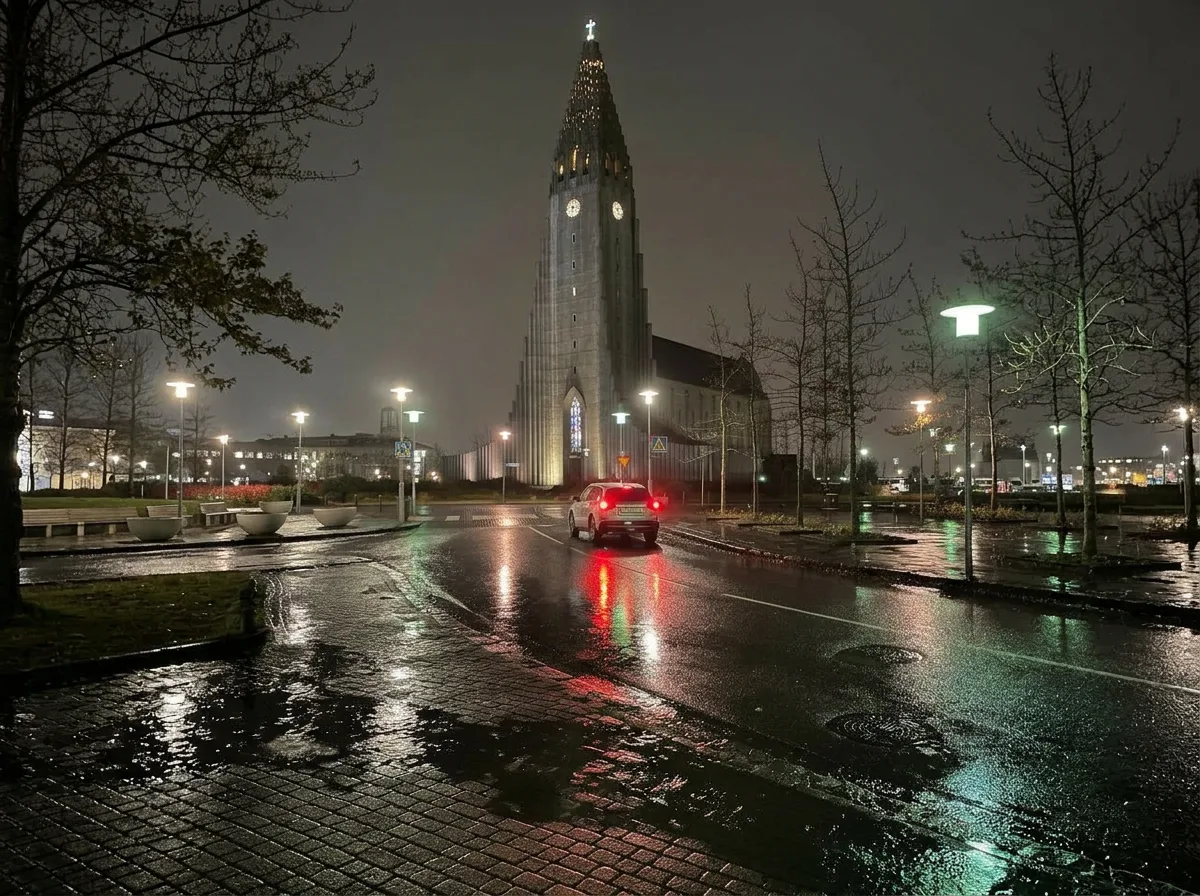 Catedral Hallgrímskirkja de Reikiavik de noche, Islandia — foto nocturna hecha con iPhone 14 Pro Max a mano alzada