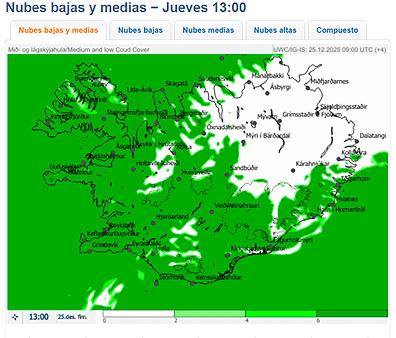 Mapa de nubosidad en Islandia utilizado para prever cielos despejados durante la búsqueda de auroras<br />
