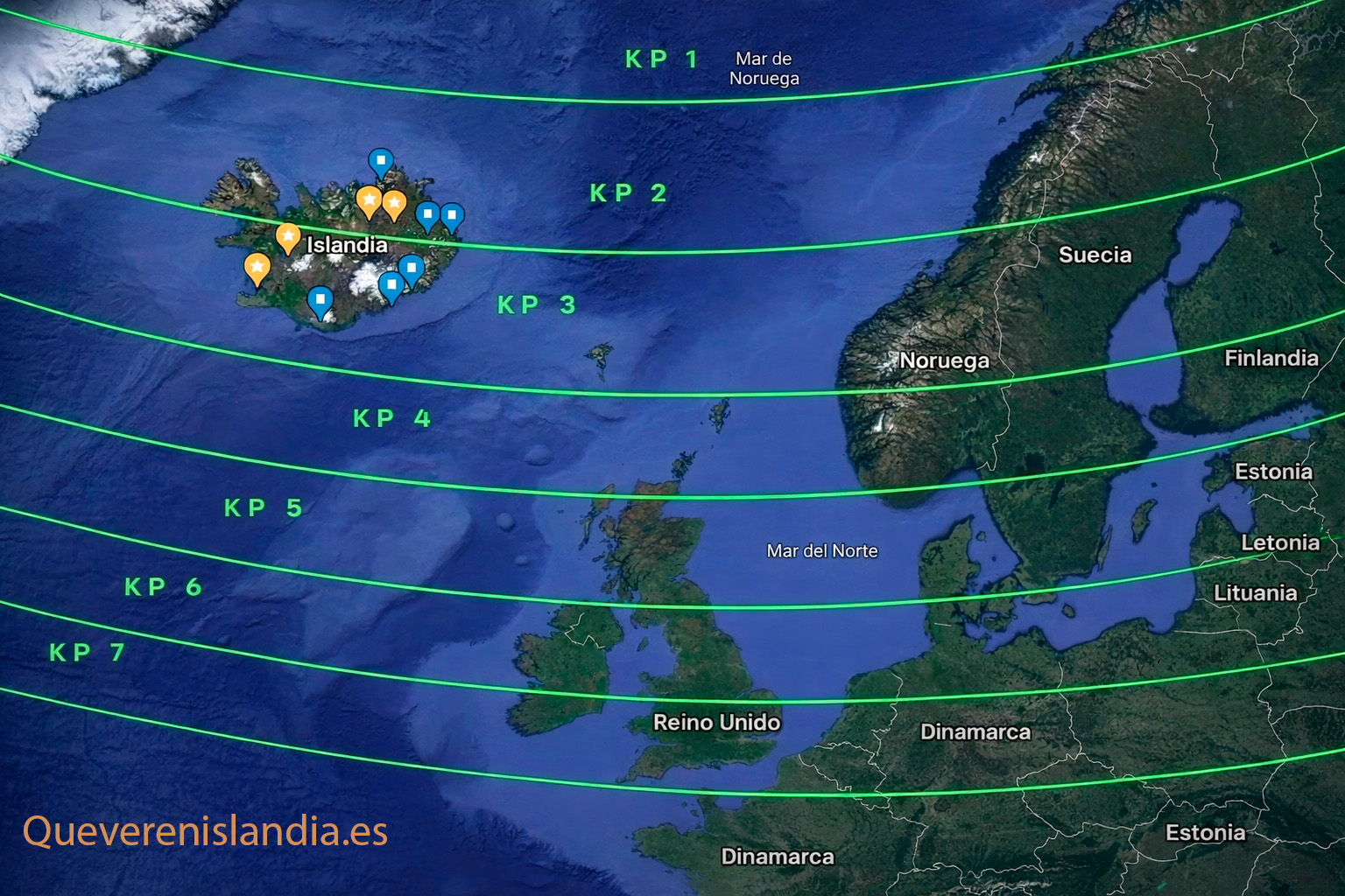 Mapa del índice KP para interpretar la probabilidad de ver auroras boreales en Islandia