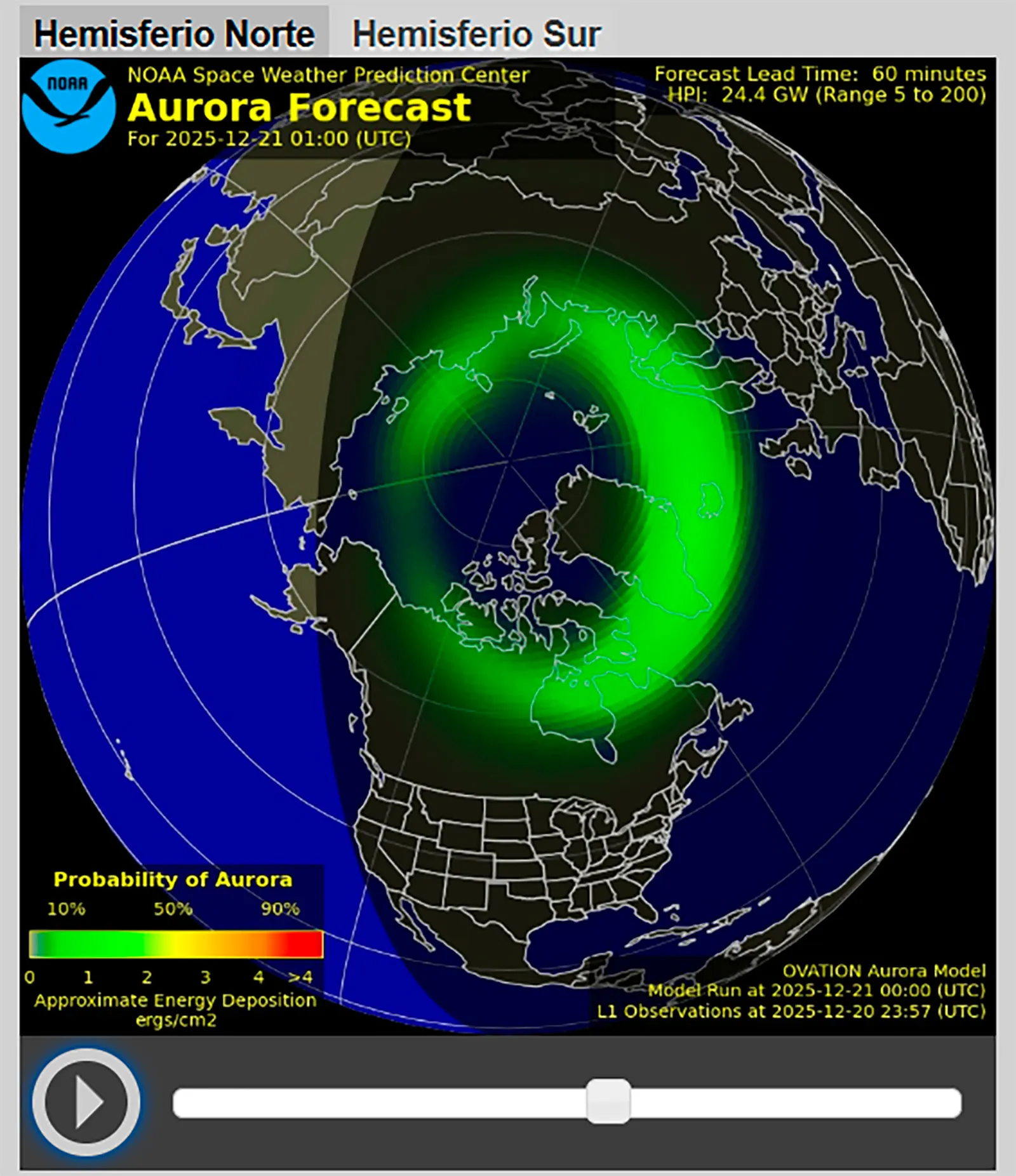 Óvalo auroral NOAA Space Weather - previsión auroras boreales Islandia