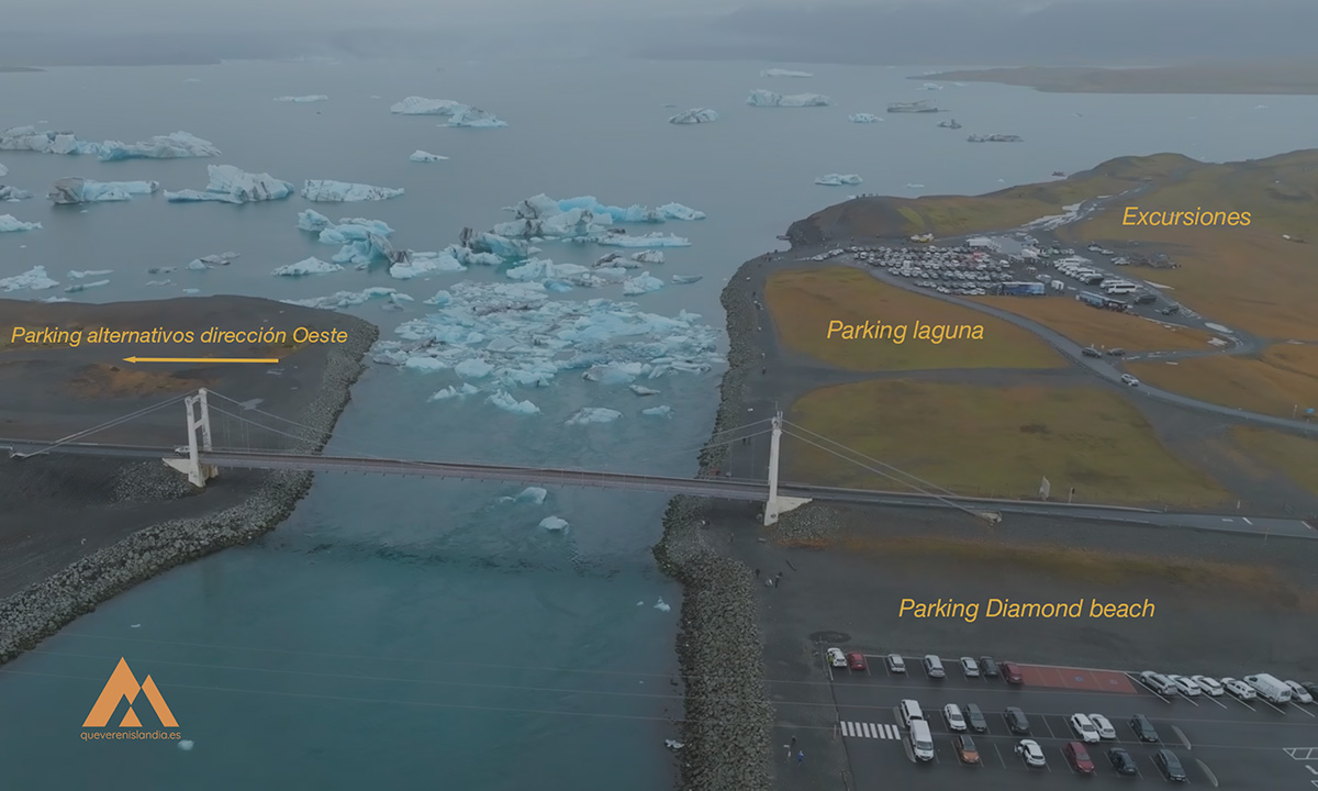 Vista aérea panorámica de Jökulsárlón con el puente en primer plano, parking a la derecha, laguna glaciar y glaciar Vatnajökull al fondo entre niebla