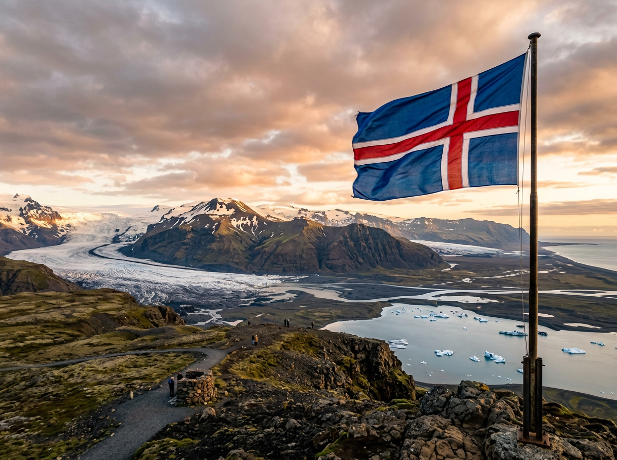 bandera islandia glaciar paisaje atardecer