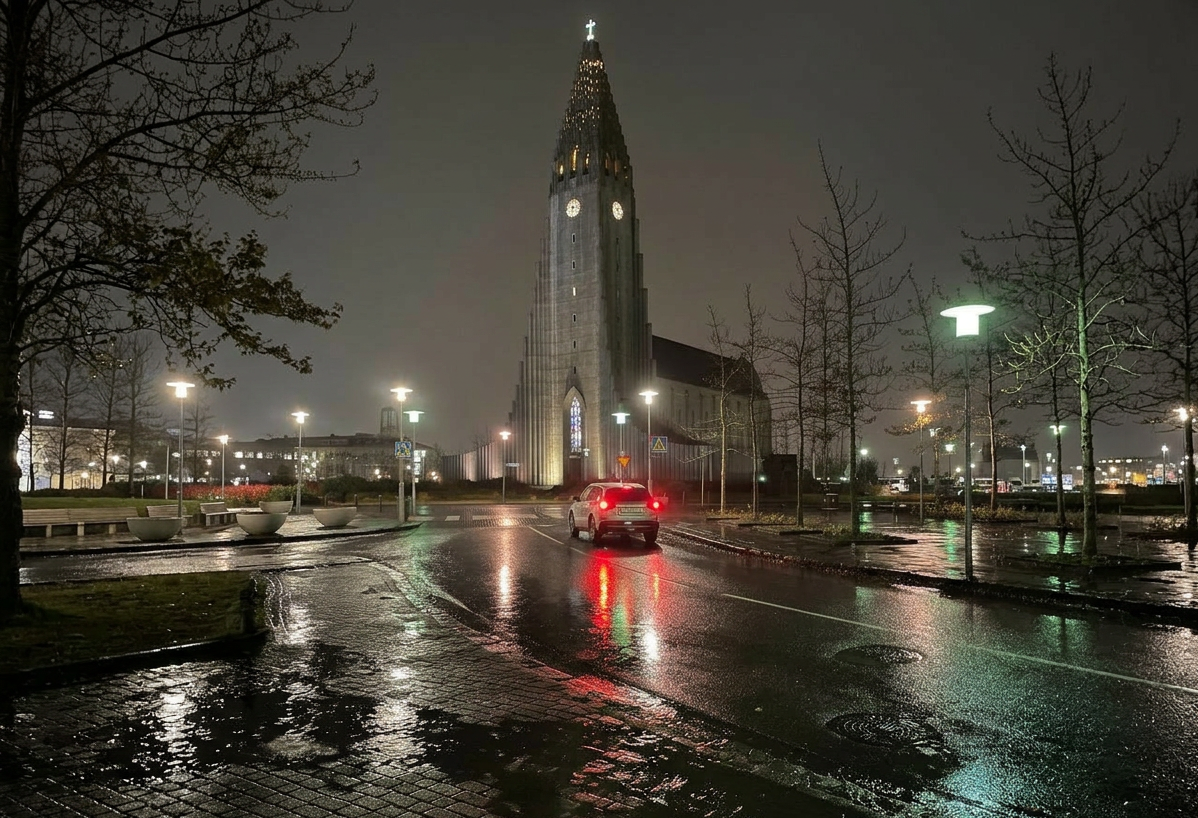 Calle de Reikiavik de noche tras la lluvia con la Hallgrímskirkja al fondo y coche circulando