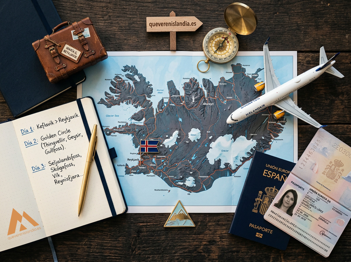 Planificación de viaje a Islandia con mapa Planificación de viaje a Islandia con mapa, pasaporte español, itinerario manuscrito y avión de Icelandair